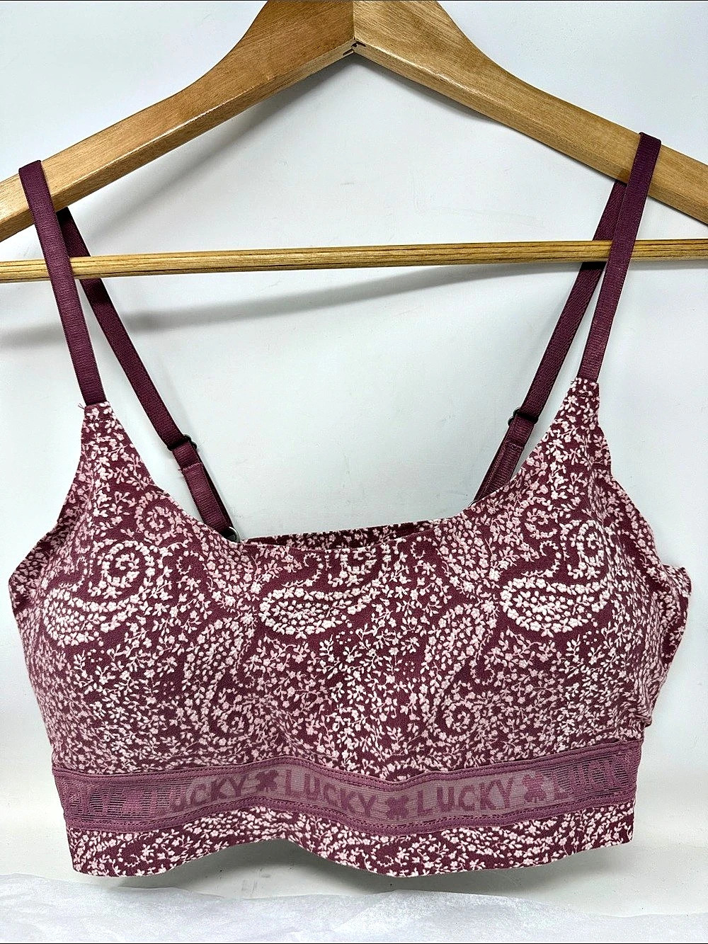Lucky Brand Paisley Bralette Burgundy White Seamless Wirefree Comfort size Large